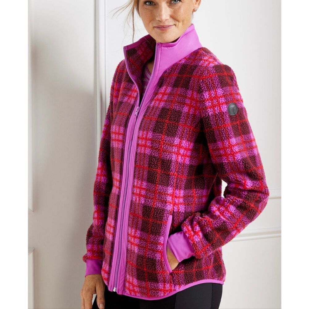 Talbots pink cozy plaid Sherpa zip front fleece size MP